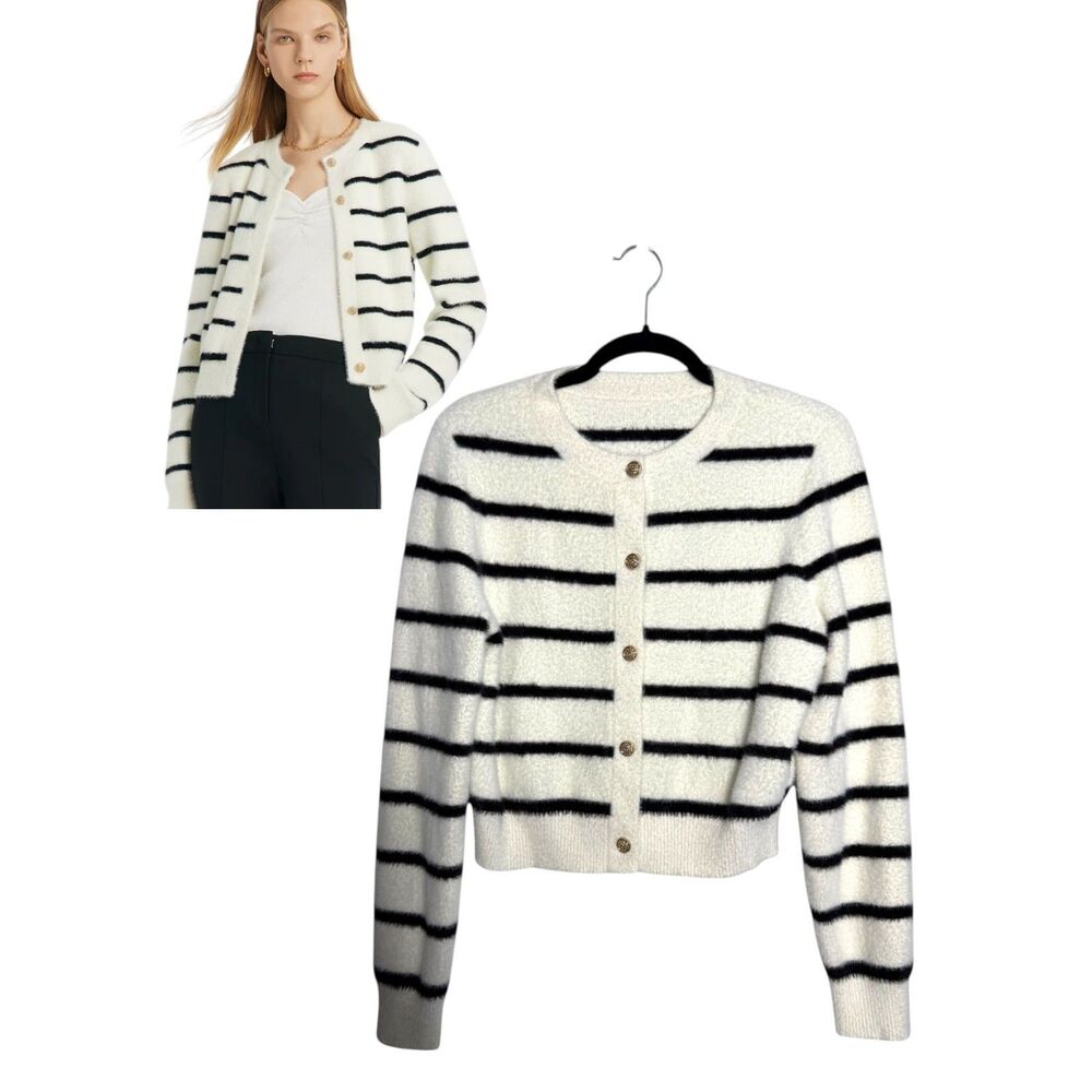 Goelia Eco-Friendly Mink Knitted Striped Cardigan Cream Black Gold Medium
